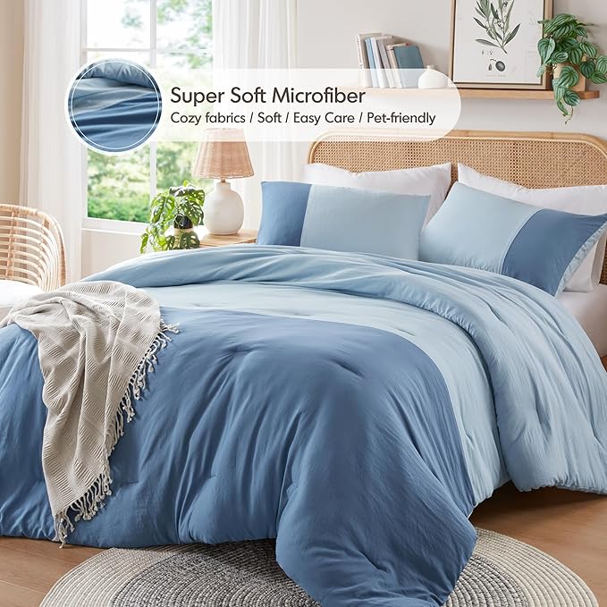 Blue Twin Comforter Set - Modern Soft Farmhouse Bedding for Teen Boys, Kids Colorblock Pattern Bed Sets for All Season, 2 Pieces includes 1 Comforter, 1 Sham (66"x 90") - LeafyLoom