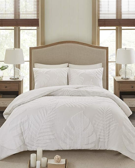 Madison Park Tufted Chenille Cotton Comforter, All Season Bedding Set, Matching Shams, Bahari, Coastal Palm Leaf Off White King/Cal King(104"x92") 3 Piece - LeafyLoom