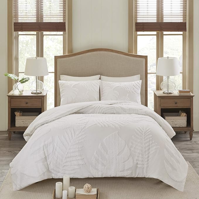 Madison Park Tufted Chenille Cotton Comforter, All Season Bedding Set, Matching Shams, Bahari, Coastal Palm Leaf Off White King/Cal King(104"x92") 3 Piece - LeafyLoom