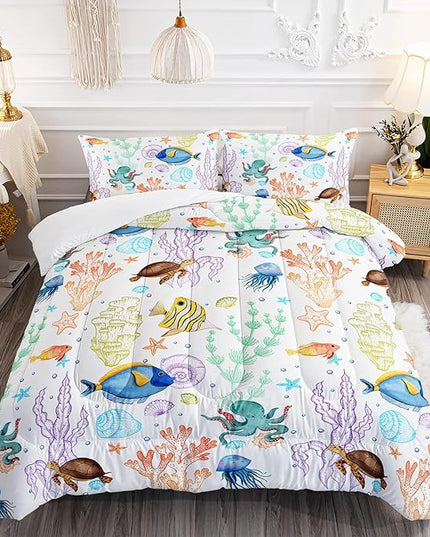 Turtle Comforter Set Twin Ocean Watercolor Sea Turtle Bedding Set Tropical Fish Marine Life Bed Set with 2 Pillowcases for Kids Room Decor - LeafyLoom