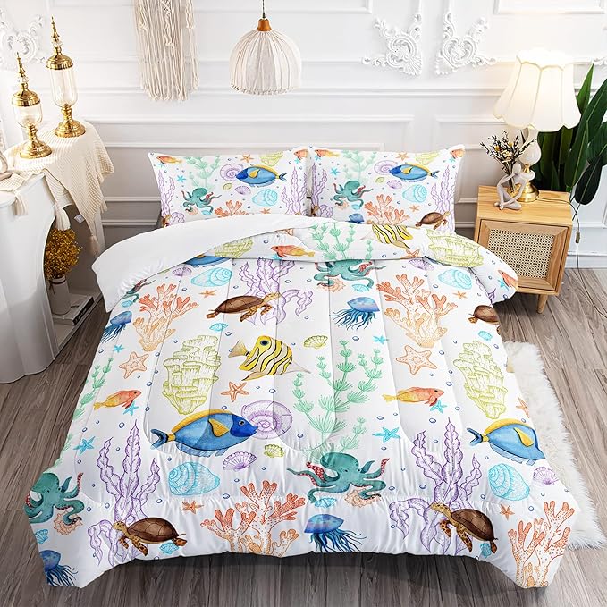 Turtle Comforter Set Twin Ocean Watercolor Sea Turtle Bedding Set Tropical Fish Marine Life Bed Set with 2 Pillowcases for Kids Room Decor - LeafyLoom