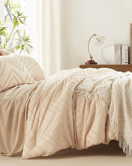 Anluoer King Bed in a Bag 7 Pieces, Beige Tufted Comforter Set with comforters and sheets, All Season Bedding Sets with 1 Comforter, 2 PillowShams, 2 Pillowcases, 1 Flat Sheet, 1 Fitted Sheet - LeafyLoom