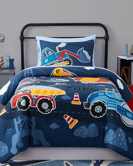 Truck Tractor Excavator Twin Comforter Set with Sheets - 5 Pieces Kids Twin Bedding Sets for Boys, Glow in The Dark Construction Trucks Twin Bed in a Bag for Kids, Teens - LeafyLoom