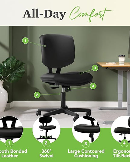 HON Volt Armless Task Seating, Computer Chair for Office Desk, Black SofThread Leather - LeafyLoom