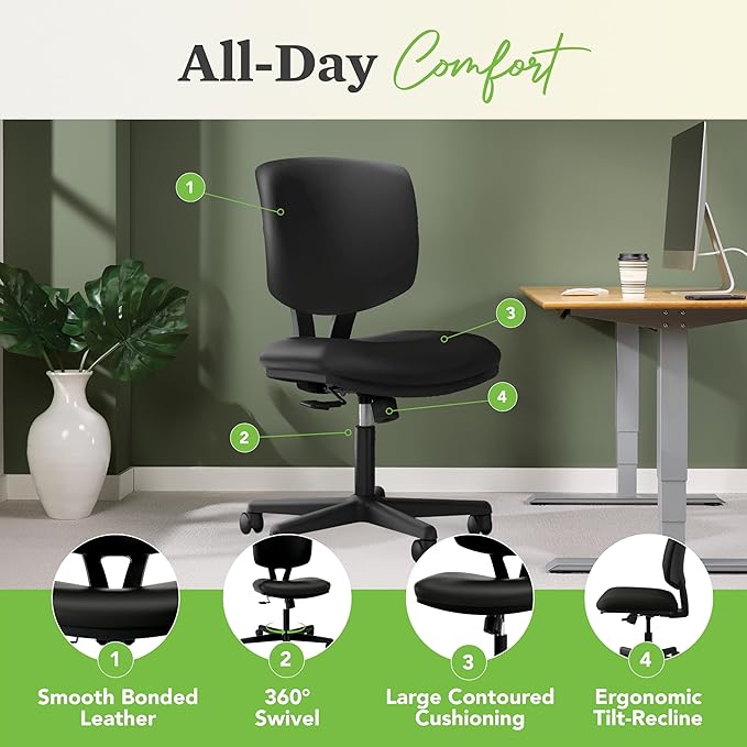 HON Volt Armless Task Seating, Computer Chair for Office Desk, Black SofThread Leather - LeafyLoom