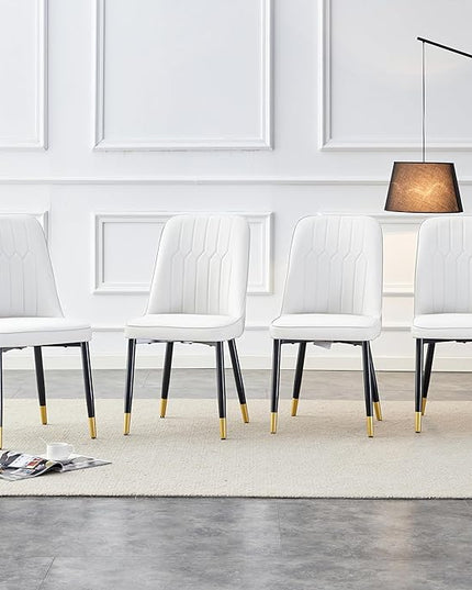 Modern Set of 4, Faux Leather Dining PU Upholstered White Kitchen Chairs with Black Golden Metal Legs for Home Living Room, Restaurant, 4 Piece - LeafyLoom