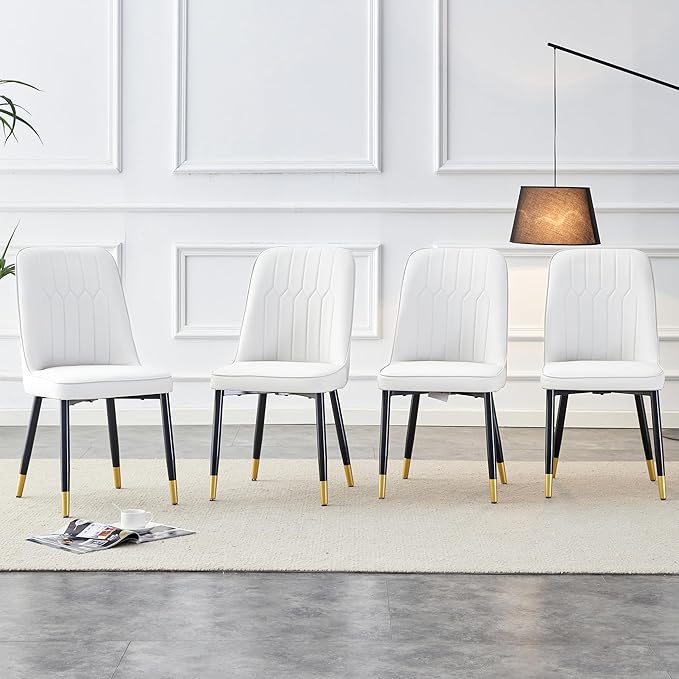 Modern Set of 4, Faux Leather Dining PU Upholstered White Kitchen Chairs with Black Golden Metal Legs for Home Living Room, Restaurant, 4 Piece - LeafyLoom
