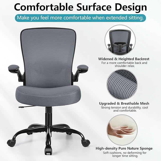 FelixKing Office Chair, Ergonomic Desk Chair Breathable Mesh Chair with Adjustable High Back Lumbar Support Flip-up Armrests, Executive Rolling Swivel Comfy Task Computer Chair for Home Office - LeafyLoom