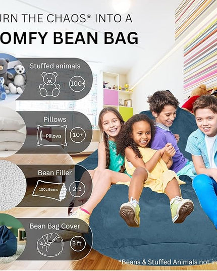 Bean Bag Stuffed Animal Storage Or Cover | No Filler | Extra Large | for Adults Or Kids | Double Stitched | Durable Zipper | Premium Microsuede - LeafyLoom
