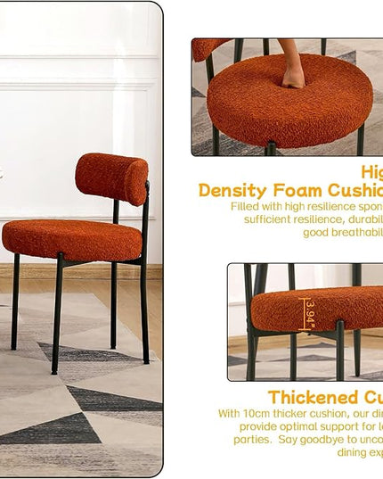 EDWELL Orange Dining Chairs Set of 2, Upholstered Kitchen Dining Room Chairs, Curved Backrest Boucle Dining Chair for Kitchen, Living Room, Mid-Century Modern Kitchen Chairs with Black Metal Legs - LeafyLoom