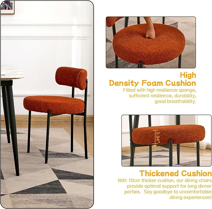 EDWELL Orange Dining Chairs Set of 2, Upholstered Kitchen Dining Room Chairs, Curved Backrest Boucle Dining Chair for Kitchen, Living Room, Mid-Century Modern Kitchen Chairs with Black Metal Legs - LeafyLoom