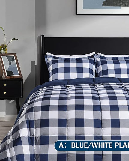 downluxe Lightweight Plaid Comforter Set (King) with 2 Pillow Shams - 3-Piece Set - Blue/White Plaid - Down Alternative Reversible Comforter - LeafyLoom