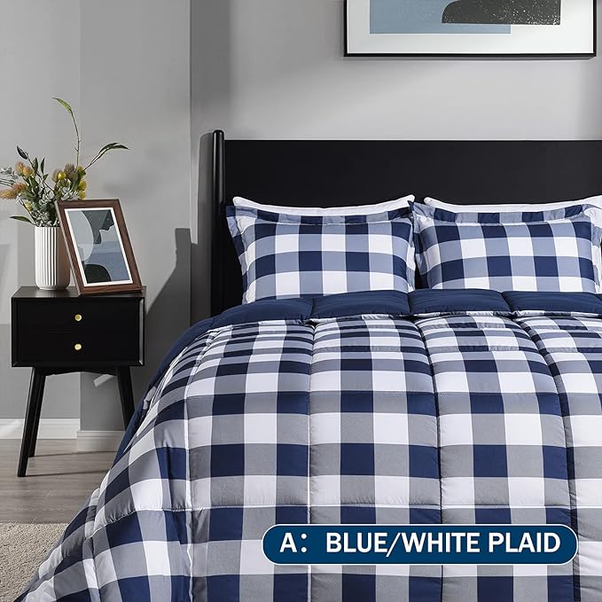 downluxe Lightweight Plaid Comforter Set (King) with 2 Pillow Shams - 3-Piece Set - Blue/White Plaid - Down Alternative Reversible Comforter - LeafyLoom