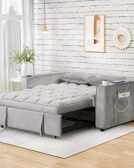 Multi-Functional Futon Loveseat Pull Out Couch , Velvet Upholstered Convertible Sleeper Sofa Bed with Cupholders and USB Ports , 2 Seater Love Seat Lounge Chaise w/ Adjustable Backrest RV Furniture - LeafyLoom