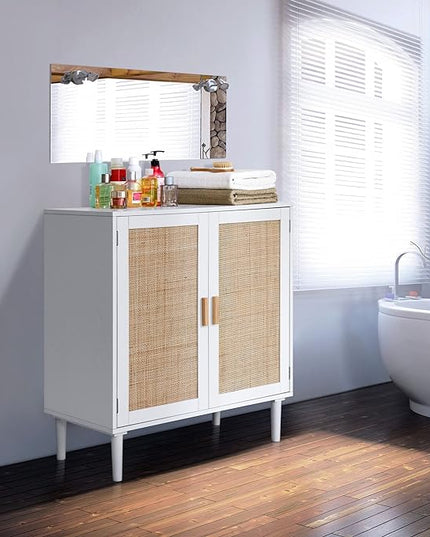 Finnhomy Sideboard Buffet Storage Liquor Cabinet with Rattan Decorated Doors, Kitchen, Dining Room, Hallway, Cupboard Console Table, Accent Cabinet, 31.5X 15.8X 34.6 Inches, White - LeafyLoom