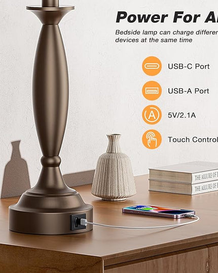 White Brown Lamps for Bedrooms Set of 2 - Touch Control Bedside Lamp with USB C+A, 3 Way Dimmable Nightstand Lamps with USB Port, Table Lamp for Living Room(White Shade and Brown Base) - LeafyLoom