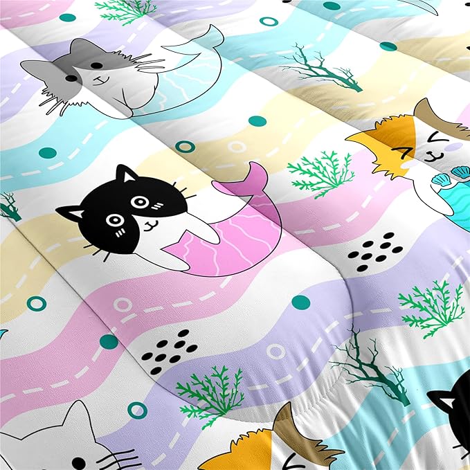 Cat Twin Bedding Set 2Pcs - Cartoon Mermaid Tail Cat Twin Comforter Set for Girls Bedroom Ultra Soft Warm Kitty Comforter Set for Girls Room Decor with 1 Cat Comforter and 1 Pillowcase, Twin Size - LeafyLoom