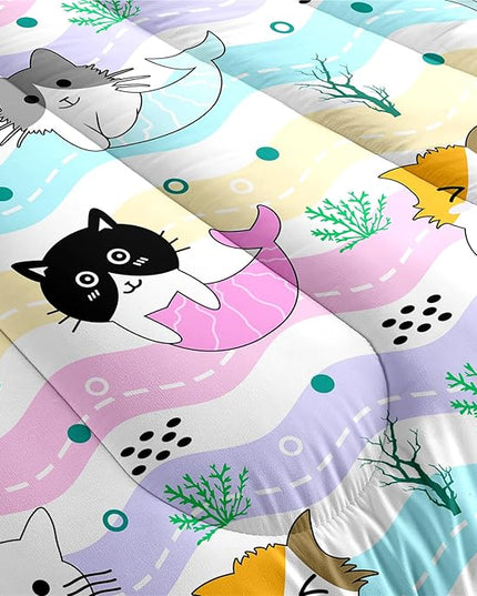 Girls Cat Bedding Set Queen Size - 3Pcs Cute Cartoon Mermaid Tail Cat Patterns Comforter Set for Girls Boys Kids Bedroom Cat Bedding Room Decor for All Season, 1 Comforter 2 Pillow Cases - LeafyLoom