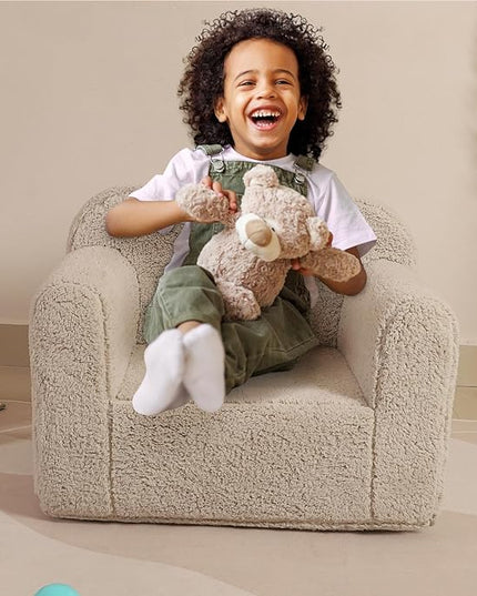 Kids Snuggly-Soft Sherpa Chair, Cuddly Toddler Foam Chair for Boys and Girls, Light Grey - LeafyLoom