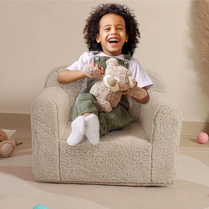Kids Snuggly-Soft Sherpa Chair, Cuddly Toddler Foam Chair for Boys and Girls, Light Grey - LeafyLoom