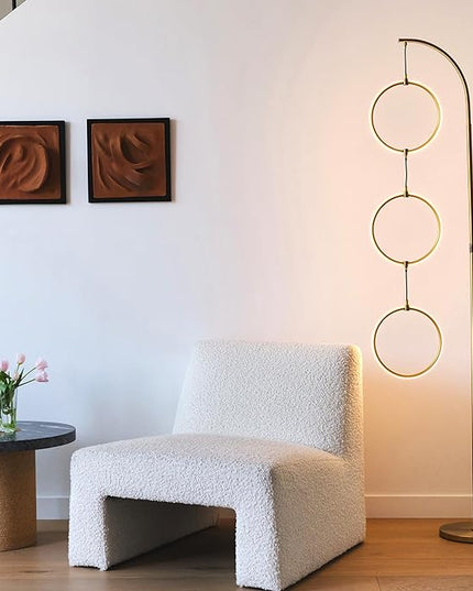 Brightech Nova Modern Floor Lamp - Contemporary Arc Tall Lamp with 3-Circle Ring-Style Pendant - Over the Couch Standing Lamp on Arching Pole - Eclectic Tall Lamp Matches Living Room Décor - Gold - LeafyLoom