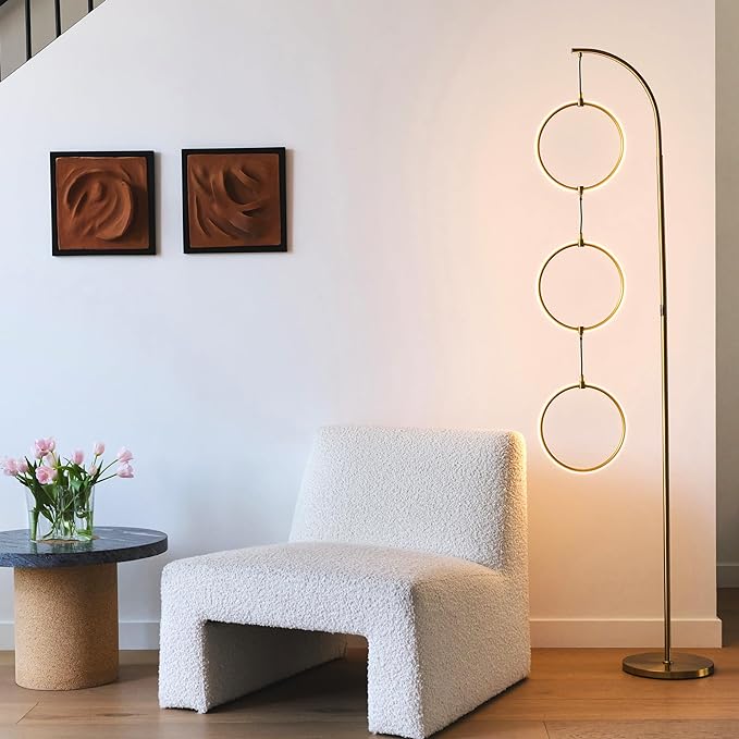 Brightech Nova Modern Floor Lamp - Contemporary Arc Tall Lamp with 3-Circle Ring-Style Pendant - Over the Couch Standing Lamp on Arching Pole - Eclectic Tall Lamp Matches Living Room Décor - Gold - LeafyLoom