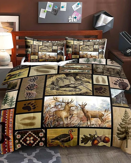 LUVIVIHOME 3PCS Rustic Lodge Comforter Set Full Size, Fish Bear Deer Cabin Bedding Set for Men, Forest Animals Elk Moose Duck Wildlife Hunting Fishing Farmhouse Country Patchwork Quilt, 2 Pillow Shams - LeafyLoom