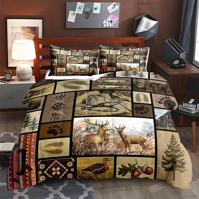 LUVIVIHOME 3PCS Rustic Lodge Comforter Set Full Size, Fish Bear Deer Cabin Bedding Set for Men, Forest Animals Elk Moose Duck Wildlife Hunting Fishing Farmhouse Country Patchwork Quilt, 2 Pillow Shams - LeafyLoom