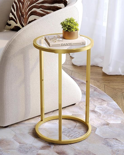 SAYGOER Round Side Table Small Gold End Table for Small Spaces Narrow Couch Night Stand Modern Bedside Table with Gold Frame for Bedroom Living Room, Easy Assembly - LeafyLoom