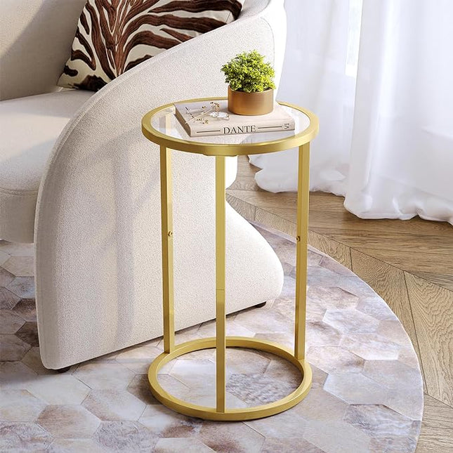 SAYGOER Round Side Table Small Gold End Table for Small Spaces Narrow Couch Night Stand Modern Bedside Table with Gold Frame for Bedroom Living Room, Easy Assembly - LeafyLoom