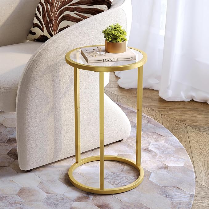 SAYGOER Round Side Table Small Gold End Table for Small Spaces Narrow Couch Night Stand Modern Bedside Table with Gold Frame for Bedroom Living Room, Easy Assembly - LeafyLoom