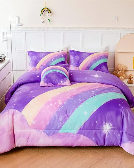 Purple Rainbow Girls Comforter Set Twin, 6 Pieces Gradient Glitter Bedding Sets for Girls Kids, 3D Galaxy Nebula Kids Girls Bed Set with Sheets for All Season - LeafyLoom