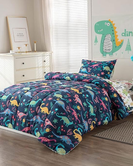 Dinosaur Twin Comforter Set for Boys Girls 4-Piece Dino Kids Bedding Sets Ultra Soft Cartoon Bedroom Set - Include Reversible Comforter, Flat Sheet, Fitted Sheet and Pillowcase, Blue - LeafyLoom