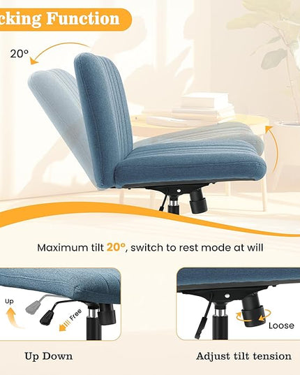 Armless Office Chair with Wheels, Ergonomic Wide Seat Fabric Cross Legged Desk Chair, Swivel Computer Chair for Home Office, Modern Vanity Chair Navy Blue - LeafyLoom