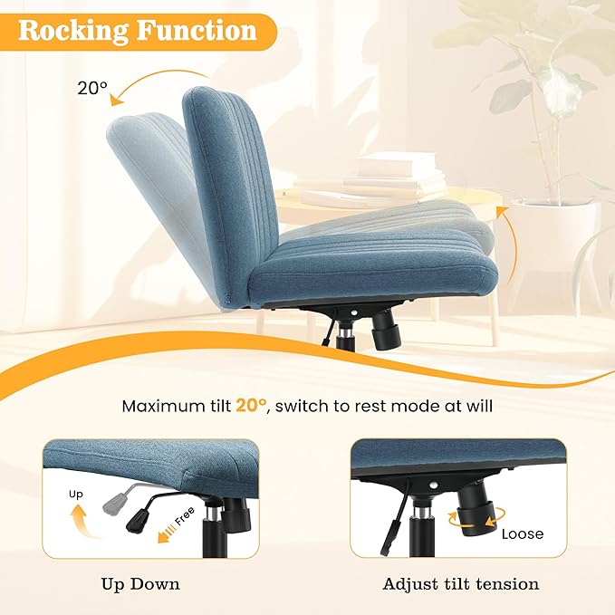 Armless Office Chair with Wheels, Ergonomic Wide Seat Fabric Cross Legged Desk Chair, Swivel Computer Chair for Home Office, Modern Vanity Chair Navy Blue - LeafyLoom