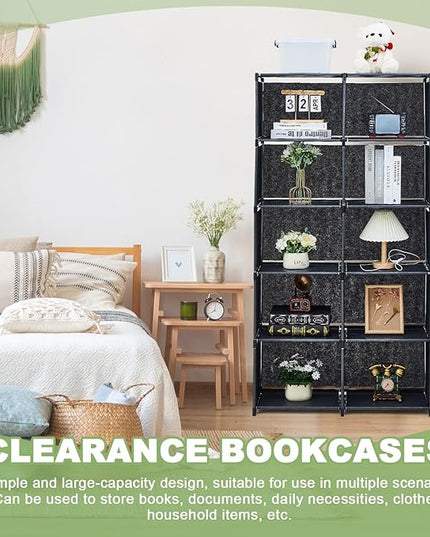 2 Pack DIY Portable Bookshelf Non Woven 5 Tier Black Cube Storage Organizer Book Case Cubicle Closet Shelf Organizer With10 Cubes Vertical Cabinet for bedroom Office Living Room - LeafyLoom