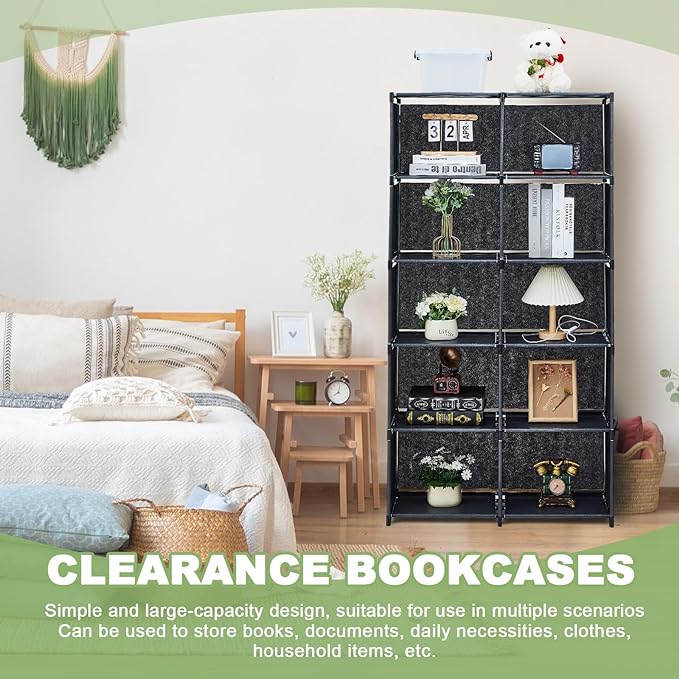 2 Pack DIY Portable Bookshelf Non Woven 5 Tier Black Cube Storage Organizer Book Case Cubicle Closet Shelf Organizer With10 Cubes Vertical Cabinet for bedroom Office Living Room - LeafyLoom