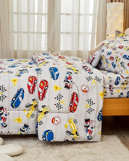 Mooreeke Queen Size Comforter Sets for Boys Kids, 8 Pieces Bed in a Bag Racing Car Bedding Comforter Sheet Set with Shams and Decorative Toy Pillow, Ultral Soft Microfiber Kids Bed Set - LeafyLoom