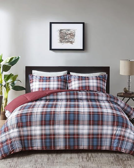 Madison Park Essentials Parkston Plaid Comforter, Matching Sham, 3M Scotchguard Stain Release Cover, Hypoallergenic All Season Bedding-Set, Full/Queen, Red, 3 Piece - LeafyLoom