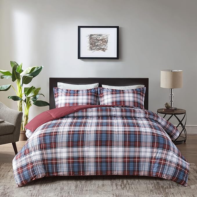 Madison Park Essentials Parkston Plaid Comforter, Matching Sham, 3M Scotchguard Stain Release Cover, Hypoallergenic All Season Bedding-Set, Full/Queen, Red, 3 Piece - LeafyLoom