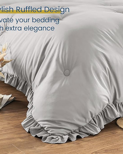 Twin Bed in a Bag 5 Pieces Comforter Set Twin, Ruffle Shabby Chic Bedding Comforter Set Light Grey Bed Set with Comforter, Pillowcase, Flat Sheet, Fitted Sheet and Pillow Sham - LeafyLoom
