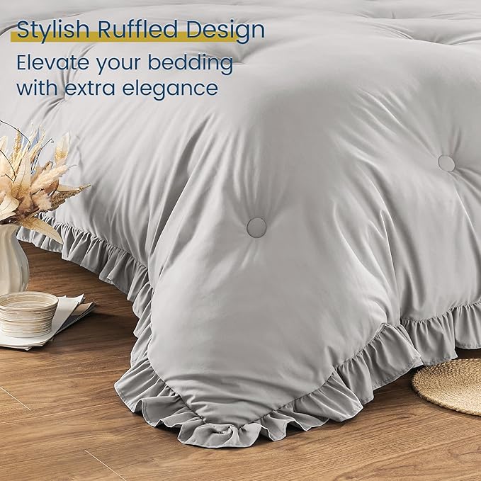 Twin Bed in a Bag 5 Pieces Comforter Set Twin, Ruffle Shabby Chic Bedding Comforter Set Light Grey Bed Set with Comforter, Pillowcase, Flat Sheet, Fitted Sheet and Pillow Sham - LeafyLoom