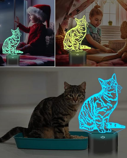 Cat Pet Gifts for Kids Girls,3D Illusion LED Cat Lamp Night Light with Remote Control 16 Colors Changing Decoration Bedside Lamps - LeafyLoom