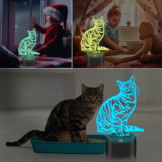Cat Pet Gifts for Kids Girls,3D Illusion LED Cat Lamp Night Light with Remote Control 16 Colors Changing Decoration Bedside Lamps - LeafyLoom