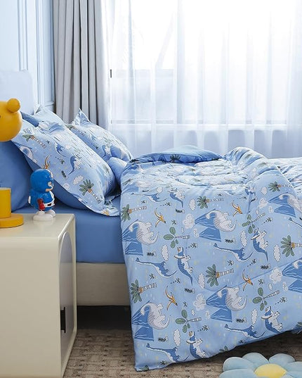 Mooreeke Kids Comforter Bed Set Twin Size for Boys, 6 Pieces Bed in a Bag with Shams, Sheet Set and 1 Decorative Toy Throw Pillow, Dinosaur Blue Super Twin Soft Microfiber Kids Comforter Bedding Set - LeafyLoom
