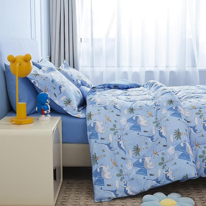 Mooreeke Kids Comforter Bed Set Full Size for Boys, 8 Pieces Bed in a Bag with Shams, Sheet Set and 1 Decorative Toy Throw Pillow, Dinosaur Blue Super Full Soft Microfiber Kids Comforter Bedding Set - LeafyLoom