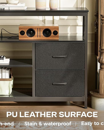 TV Stand Dresser with Power Outlets and LED Lights, 4 Drawers Entertainment Center with Shelf, 54 Inch Media Console for 55 60 Inch TV, 4 AC Outlets, 2 USBs, Dresser with PU Finish, Black - LeafyLoom