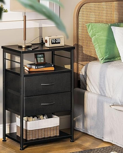 AODK Night Stand with Charging Station, End Table for Bedroom Tall Nightstand with Drawers, Small Nightstand for Bedroom, 4-Tier Storage Bedside Table, Black - LeafyLoom