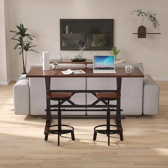 NicBex Small Dining Table for 2 Bar Table and Chairs Set 59" Wooden Sofa Side Table with Adjustable Height Stools, Modern Bar Table and Chairs for Living Room, Dining Room, Espresso - LeafyLoom