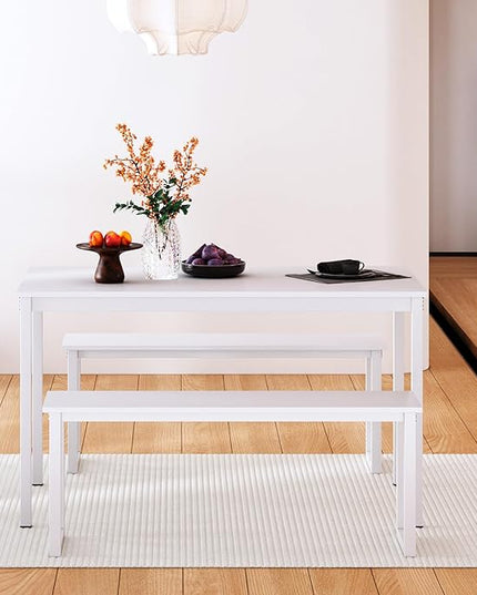 sogesfurniture Kitchen Table Set with 2 Benches, Dining Table Set for 4, 3 Piece Dining Room Set Industrial Style Furniture, Wooden Kitchen and Dining Set, Dining Table with Benches,White - LeafyLoom